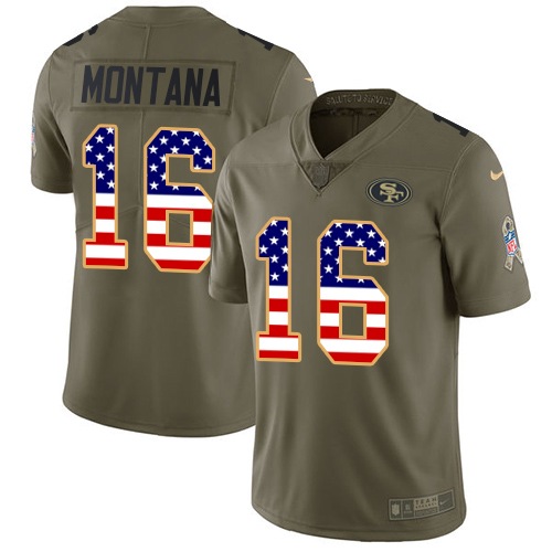 Nike 49ers #16 Joe Montana Olive/USA Flag Men's Stitched NFL Limited Salute To Service Jersey